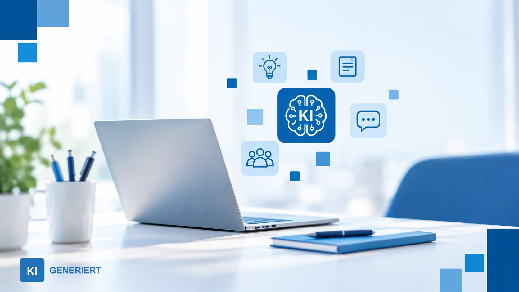 Moderner Arbeitsplatz mit Laptop und blauen KI-Symbolen